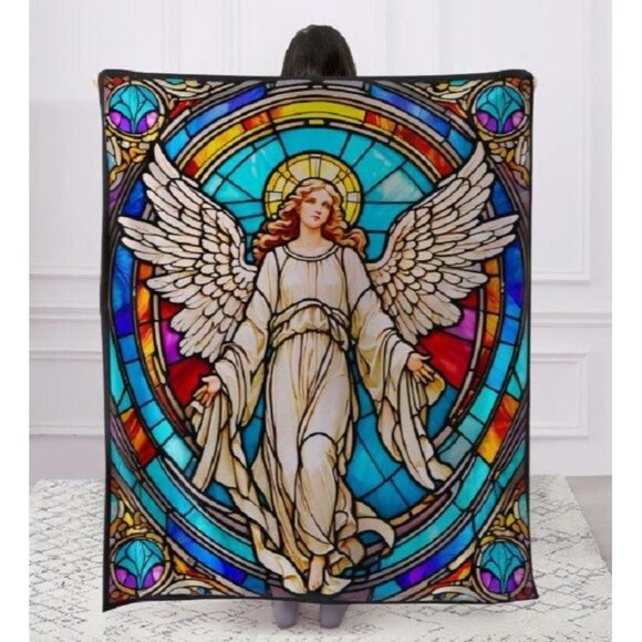 New Angel Stained Glass Plush Throw Blanket Gift Angelic Spiritual Religious NIP - Picture 2 of 5